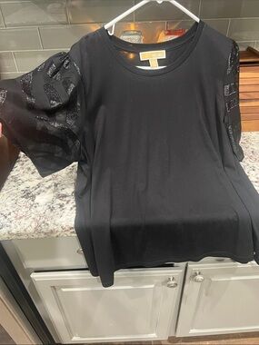 MICHAEL Michael Kors Black Puff Sleeve Tee with Sheer Sparkle Detail